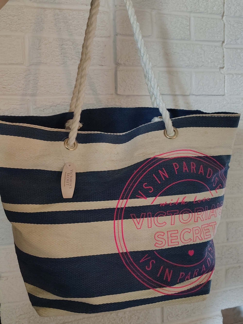 Victoria's Secret Navy & Cream Striped Tote with Pink Logo Print